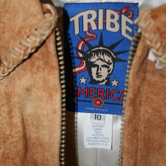 Tribe America Tan Genuine Suede Leather, Fringe along the yoke and sleeves Sz 10 - Picture 14 of 14